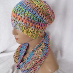 New Handmade Colorful Pastels Slouch Hat and Cowl Set